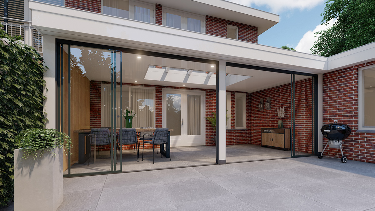 Ontwerp tuinkamer met glazen schuifwanden